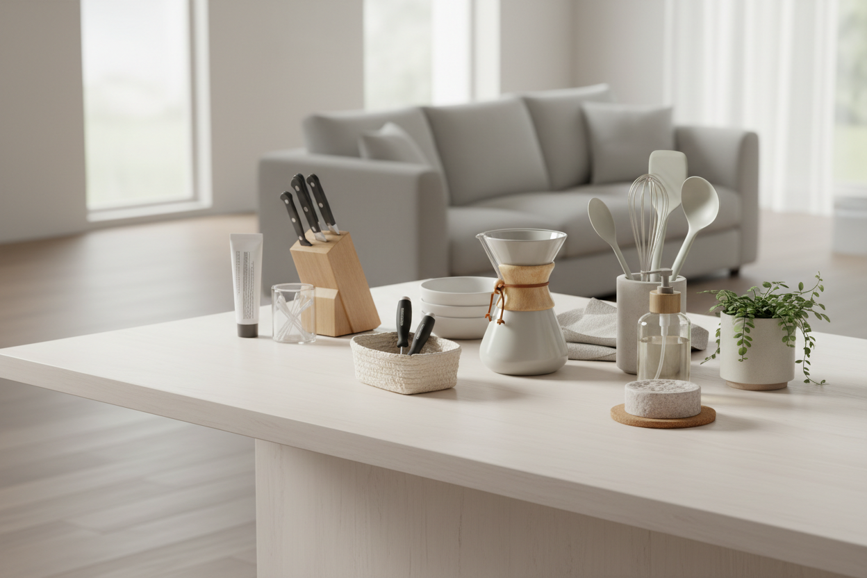 A modern lifestyle hero banner showing a collection of everyday products,
including home essentials, small tools, and personal care items,
arranged naturally on a clean kitchen or living room surface,
neutral tones, soft natural daylight,
minimalist Scandinavian style,
wide composition with empty space for website text overlay,
high-end Shopify homepage banner,
no text, no logo, no people, no watermark
